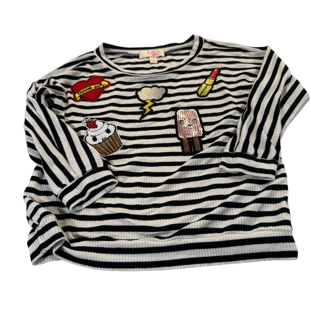 GB Girls Size 5 Black/White Striped Blouse with Designs - Picture 1 of 5